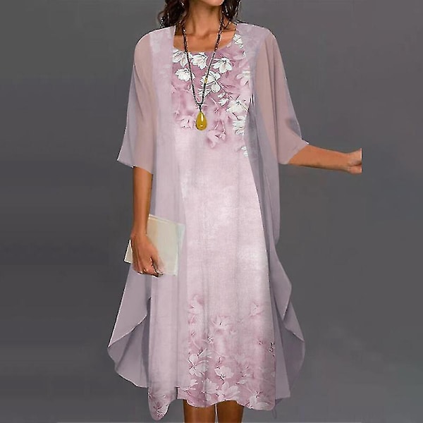 Bohemian Floral Print Women's Casual Two-Piece Dress Set - Pink - Size 4XL