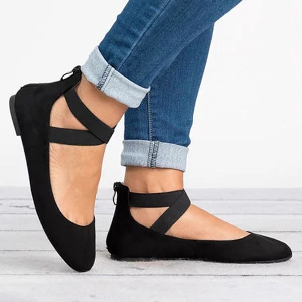 Svarta Balletdans Pumpsandaler med Ankelkorsrem, Låg Häl Blixtlås - Damstorlek 38