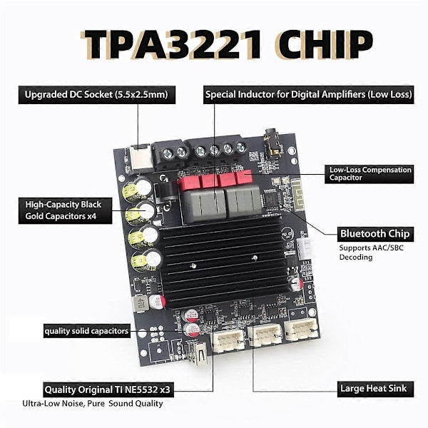T100HS-W Effektforstærkerkort Bluetooth5.2 TPA3221 Chip 2.0 Kanal