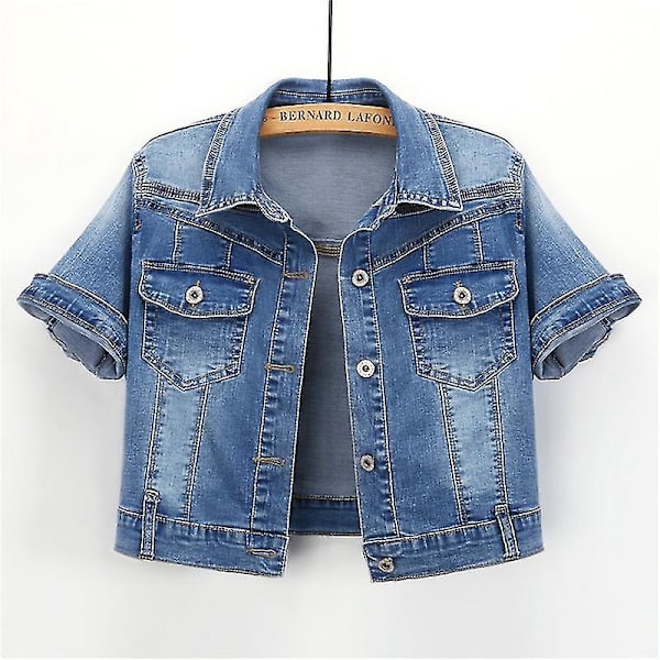 Sommer Kvinders Kortærmet Denim Jakke | Koreansk Mode | Gratis Forsendelse L Mørkeblå