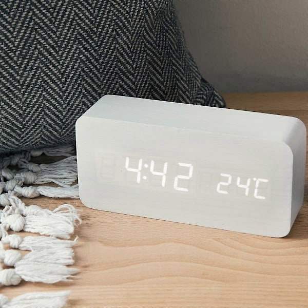 LED Väckarklocka i Trä - Digital Klocka med Träutseende - Touch Väckarklocka med Datum, Tid och Temperaturfunktion - Vit Rektangel och Vit LED