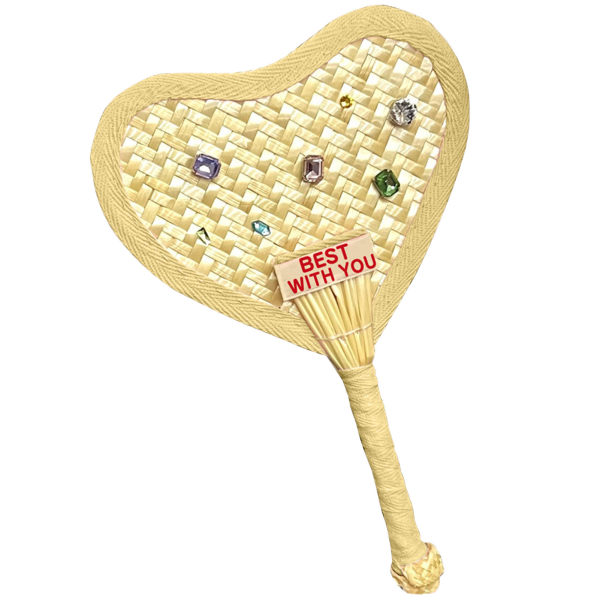 Hand Woven Fan Handcrafted Heart Shape Cute Crystals Durable Portable Handheld Bamboo Fan for Party Travel Office Yellow