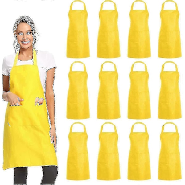 12-pack Enfärgade Haklappar med 2 Fickor - Blå Unisex Förkläden i Bulk för Kök Matlagning Restaurang Grillning Målning Hantverk Gul