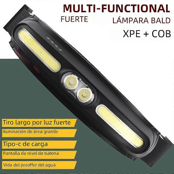 COB+LED Pannlampa, Kraftfull 210° Bred Vinkel Justerbart Band, USB-C Uppladdningsbar, Rött Ljus Anpassningsbar för Vandring, Resor, Expeditioner, Fiske