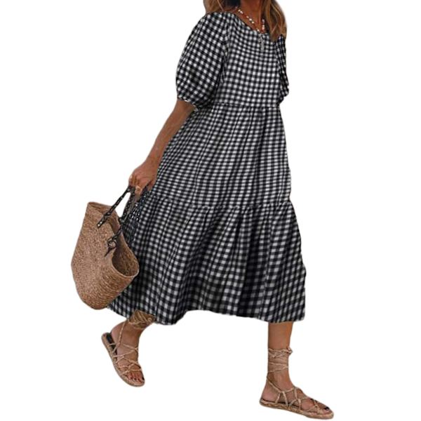 Sommer Plaid Puffy Midi-kjole til kvinder - Sort