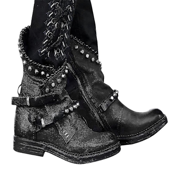 Stylish Studded Zip-Up Ankle Boots for Women - Gothic Punk Biker Booties41 Black