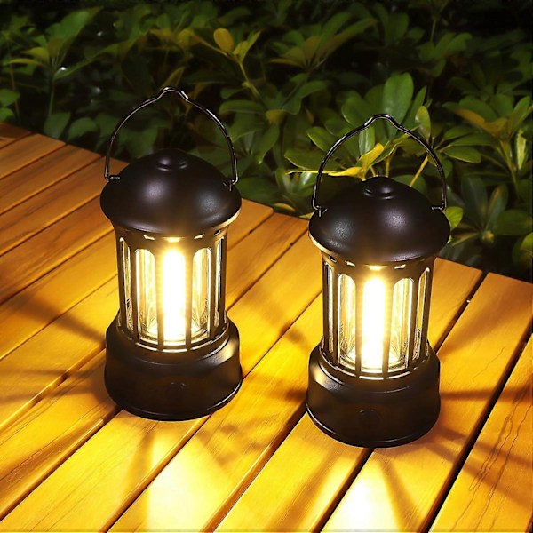 Lite sett med 2 LED-campinglykter, retro batteridrevet campinglampe, vanntett campinglys, justerbar lysstyrke, for camping, fiske, hage,