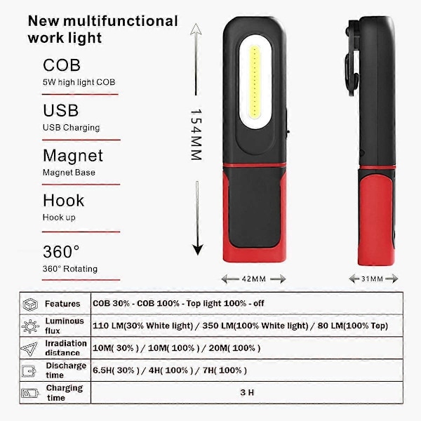 Genopladelig LED Arbejdslampe, 2 i 1 Inspektionslampe med 360 Graders Rotation og 5W COB LED Lommelygte med Magnetisk Base og Krog til Hjemmeværksted