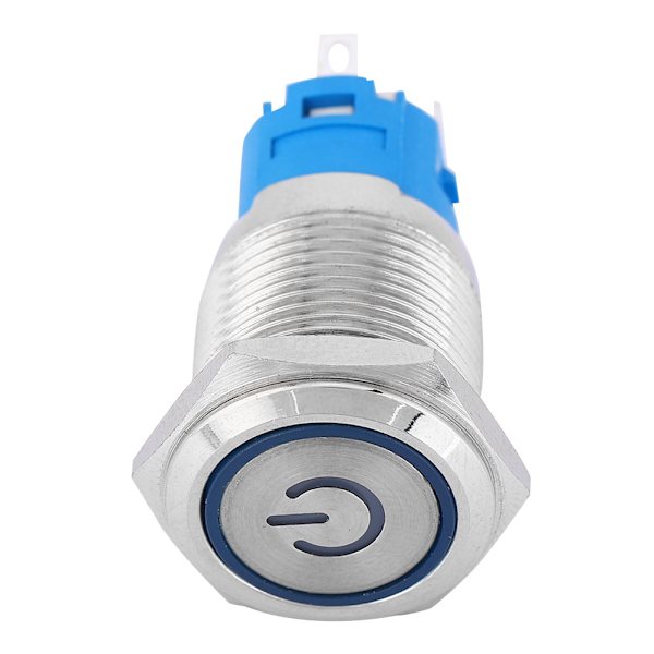 Blå LED platt runt huvud självåterställande metalltryckknappsring med power 16mm(12V)