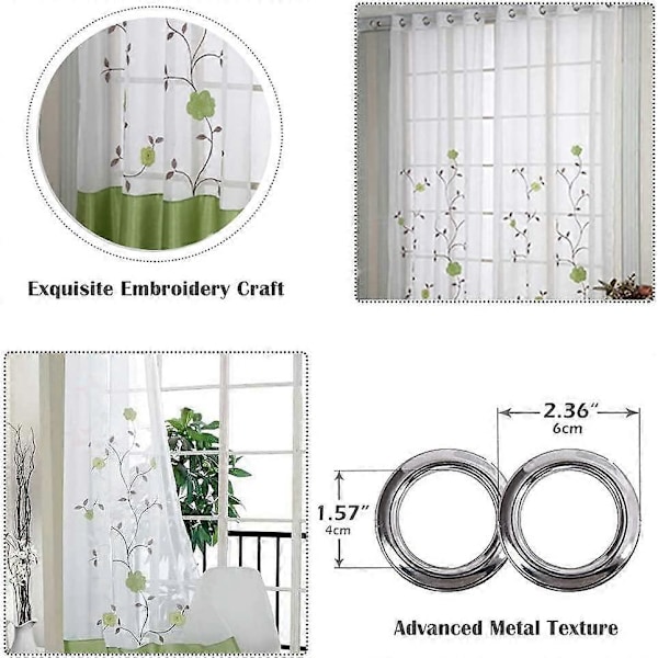 Set med 2 Blomsterbroderade Skira Öljettgardiner för Sovrum Kök Vardagsrum, 140cmx175cm, Grön