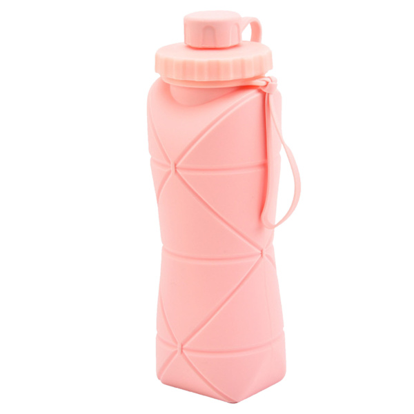 Hopfällbar vattenflaska 600 ml livsmedelskvalitet silikon bred mun säker barn vattenflaska för camping resor sport rosa