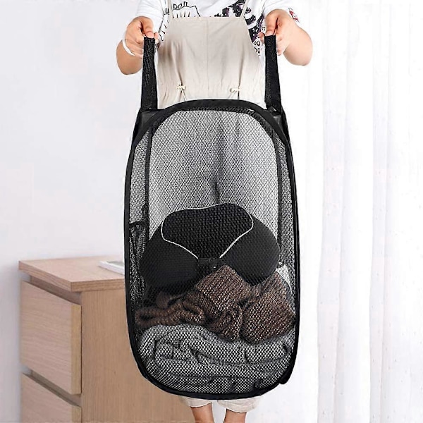 2 Stycken Hopfällbara Tvättkorgar Pop Up Mesh Tvättkorg Bin Bag Tvättkorg Leksaksförvaring Organizer (Svart)