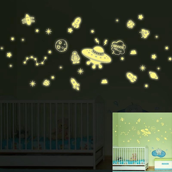 Väggdekaler självlysande stjärnor självhäftande barnrum väggdekaler linje stjärnhimmel, galax, rymdskepp, månstjärnor, fluorescerande väggdekaler barn