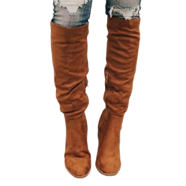 Stilfulde over-the-knee ruskinds vinterstøvler til kvinder med chunky hæl 43 beige