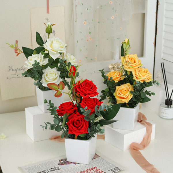 Rose Potteplante Simulering Blomster Keramikk Liten Bonsai Kunstig Rose Potted