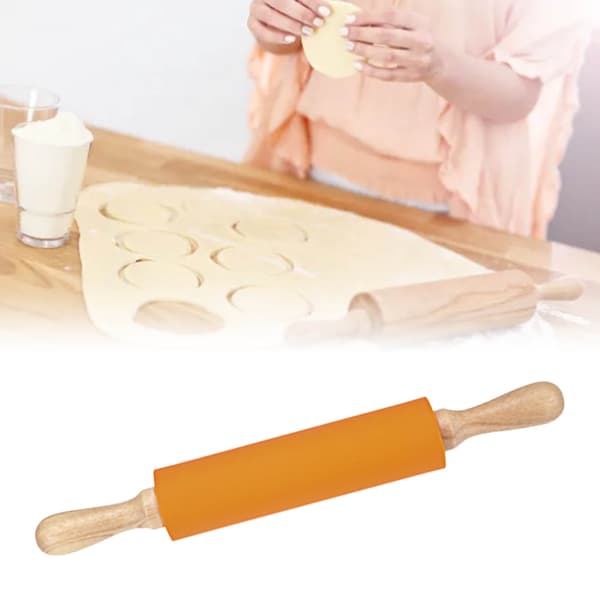Forlenget kjevle i silikon med solid trehåndtak, non-stick overflate, bakeverktøy, oransje