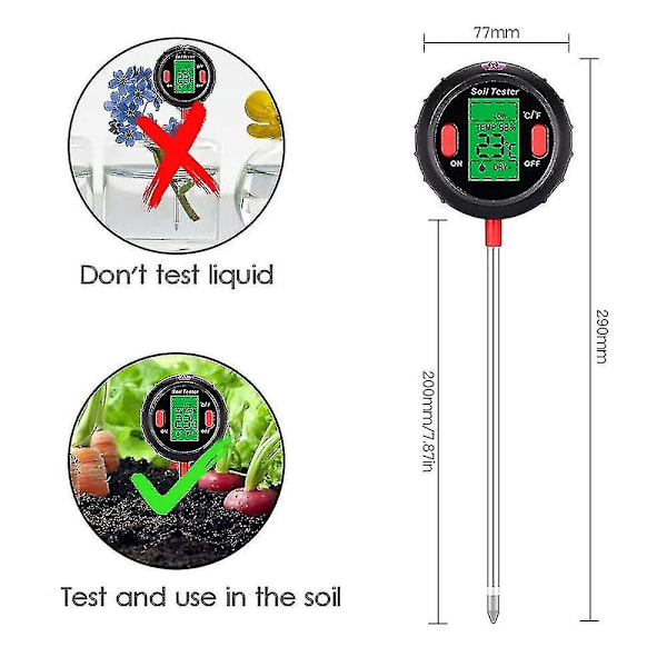 Digital 5-i-1 Jord pH-tester med Fugtighed, Temperatur, Sollys og Fugtighedsniveauer - Stort Baggrundsbelyst LCD-display