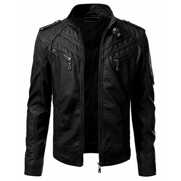 Snygg Svart Motorcykel Zip-Jacka i PU-Läder för Män, Kragemodell, 4XL