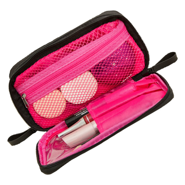 Sminkväska med dubbla blixtlås, svart innerfack i rosa, bärbar kosmetisk förvaringsväska i nylontyg