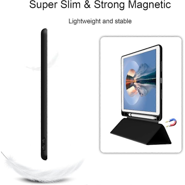 Sort, beskyttende etui til iPad10.2/iPad10.5/iPad9/iPadAri3, tyndt og blødt tri-fold stand smart etui, automatisk sleep/wake up etui med penneholder