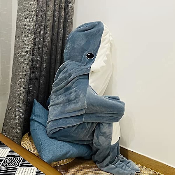 Koselig Hai-hettepledd L - 170 cm lang blå