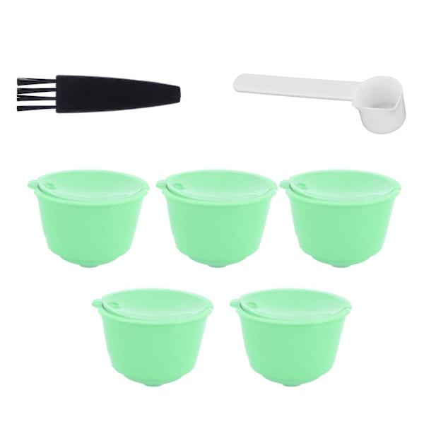 Kaffe Kapsel Sett Rustfritt Stål Kaffe Filter Kopp for DOLCE GUSTO Kaffemaskin (Grønn 5 Kapsler 1 Skje 1 Børste)