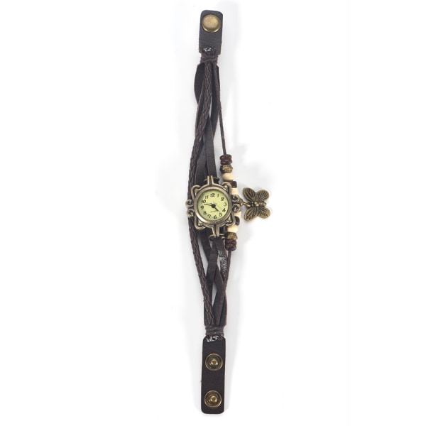 Braid Weave PU Armbånd Quartz Analog Watch Armbåndsur med Butterfly Pendant (Kafferem)