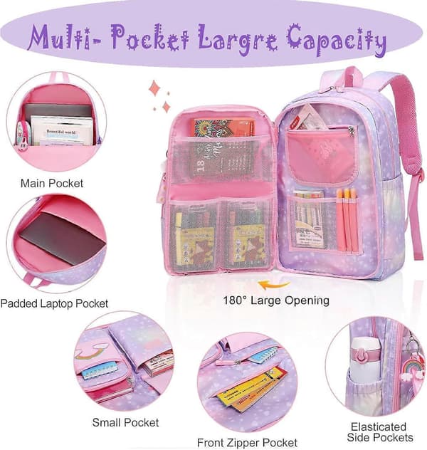 School Backpack Set, Girls Rainbow Backpack Cute Backpack for School Laptop Travel Bag With Pencil Case