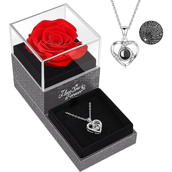 Immortal Röd Ros med Jag Älskar Dig Halsband på 100 Språk - Eviga Rosblommor för Fru Flickvän Årsdag Alla Hjärtans Dag Mors Dag Jul