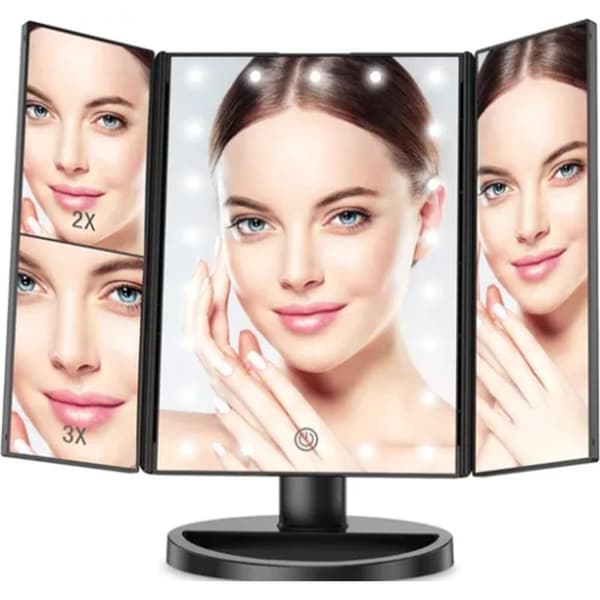 Sort foldbart tredobbelt LED makeup-spejl med USB-kabel - Lille spejl til soveværelset og hverdagsbrug