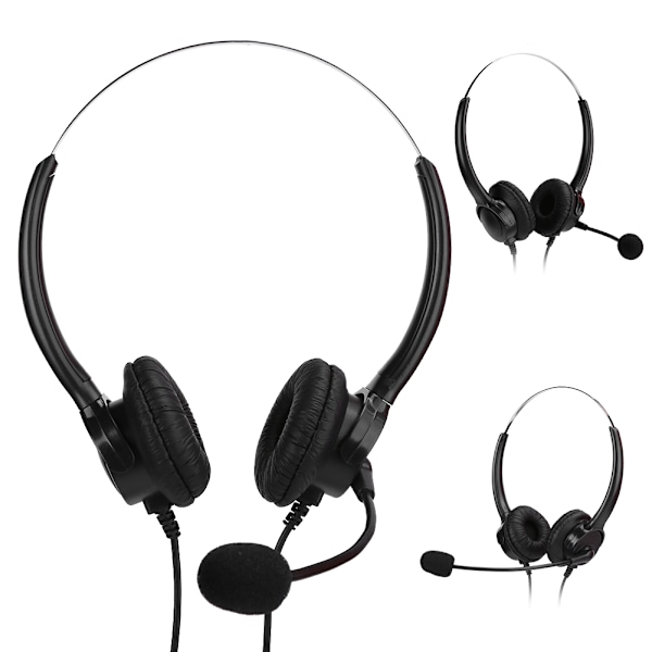 Binauralt headset til stationær computer med ledning, mikrofon og fleksibel, roterbar PU-læder