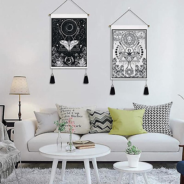 2 kpl Kuu ja Aurinko Seinävaate, Psykeedeelinen Mandala Seinävaate, Tarot Musta Banneri Seinävaate, 35 x 50cm