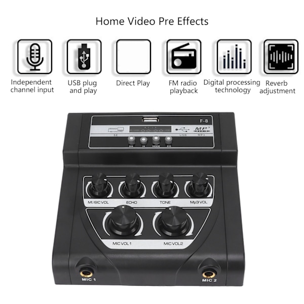 F8 Mixer Utomhus Karaoke Mikrofon Med Bluetooth Inspelning Svart Hemma Mixer 100‑240V EU-kontakt