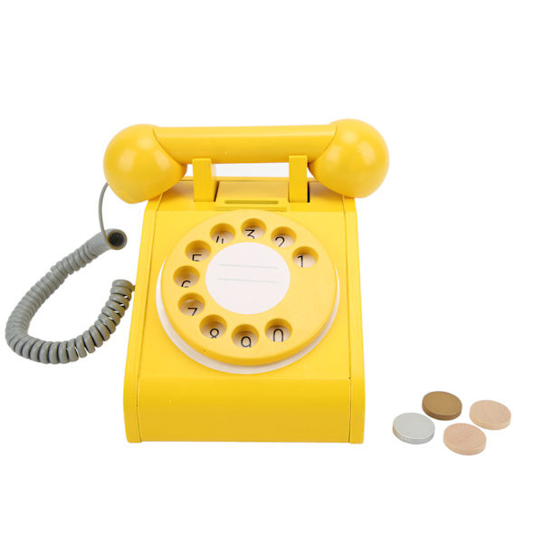 Simuleringstelefon för barn Rosa gammaldags vridbar urtavla telefon Retrodesign Träsimulering Retro urtavla Telefon Gul