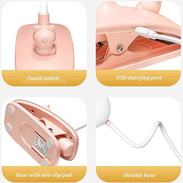 LED Klemmelampe Fleksibel 360 Læselampe Clip-on Lampe 3 Lysindstillinger og 5 Dæmpbare, USB Genopladelig Trådløs Læsning i Sengen, Pink