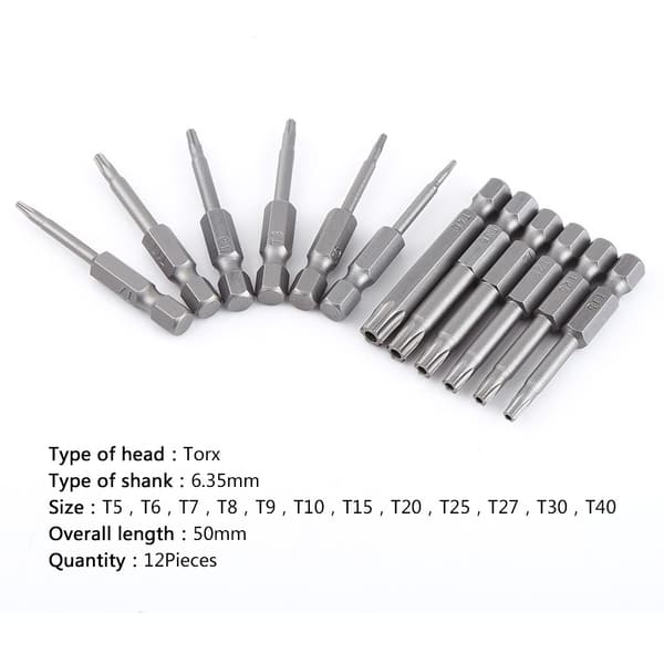 Magnetisk stjerneskruetrækker bits sæt, 12 stk, 1/4 tomme skaft, 50 mm, S2 stål, T5-T40