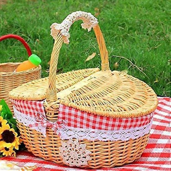 Vævet Flet Picnic Kurv med Låg - Landlig Stil med Rød og Hvid Ternet Bomuldsforing - Præsentationskurv til Picnics og Fester