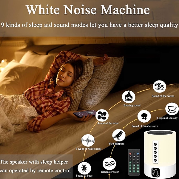 Monitoiminen Bluetooth kaiutinherätyskello ja White Noise Machine yövalolla