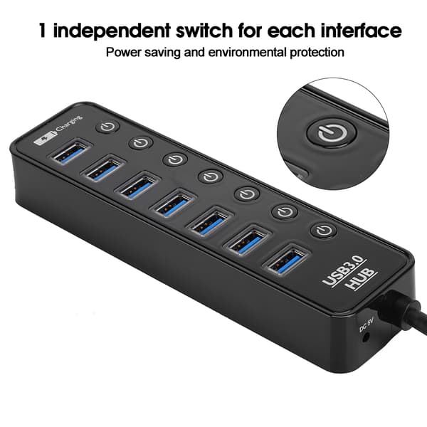 7-Port USB 3.0 Hub med Switch Smart 2A Hurtigopladningssplitter Dockingstation PC-tilbehør