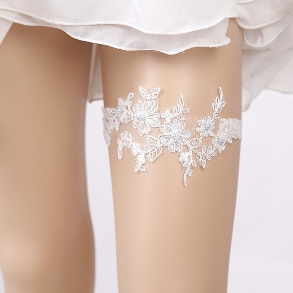 Elfenbensvit Bröllopsstrumpa med Blommönster och Rhinestone för Brudar - Elegant Bröllopsaccessoar