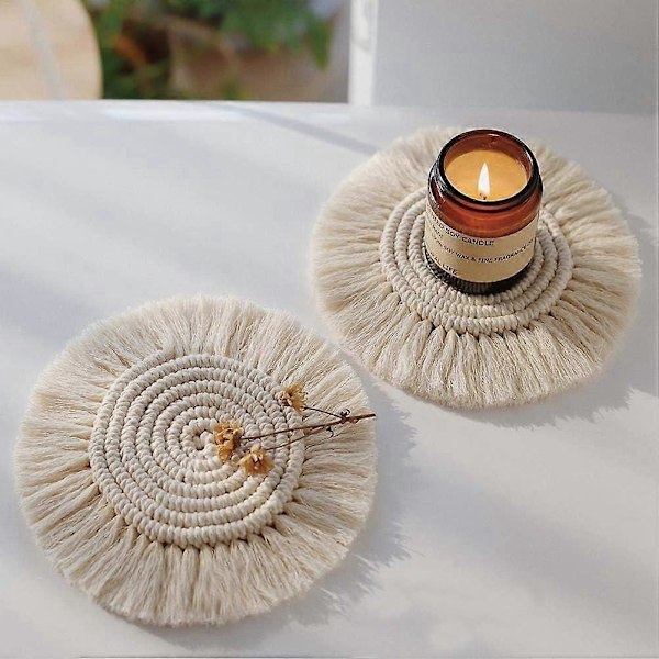 2 STK Håndlaget Makramé Brikkesett, Håndvevd Bordbrikke 18cm Diameter, Bohemsk Ren Berg-og-dalbane