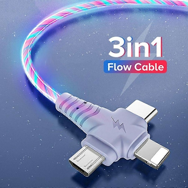 1kpl Valovoimainen USB-latauskaapeli 3 in 1 2 in 1 LED Micro USB Type C 8pin -latauskaapeli matkapuhelimelle