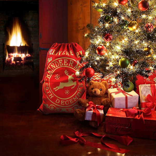 Stor Rød Julemandssæk, Jule-rensdyr-stang-stil, Snoretræk, Gavepose, Festlig pose, Julegavepose, Juleposer, Egnet til voksne og børn