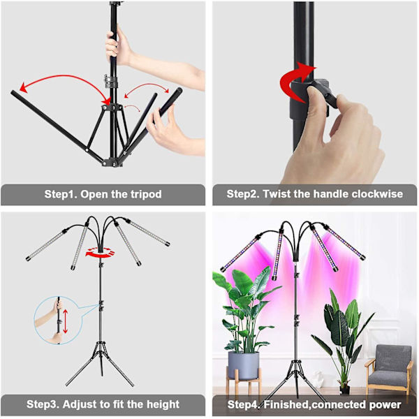 Uppgraderat 80-LED Full Spectrum Grow Light med 10 dimningsnivåer, 4-huvuddesign, timer och oberoende kontroll för inomhusväxter
