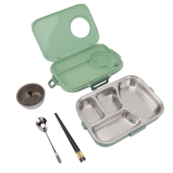 Bentoboks med 4 rom, 1200 ml, 304 rustfritt stål, isolert med suppebolle, lokk, skje, spisepinner, lunsjboks for studenter, kontorarbeidere, grønn