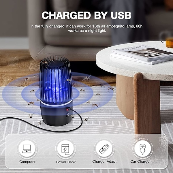 Elektrisk myggdödande lampa, USB-laddningsbar flugfälla - Bug Zapper med 360° UV-attraktion, 4000mAh