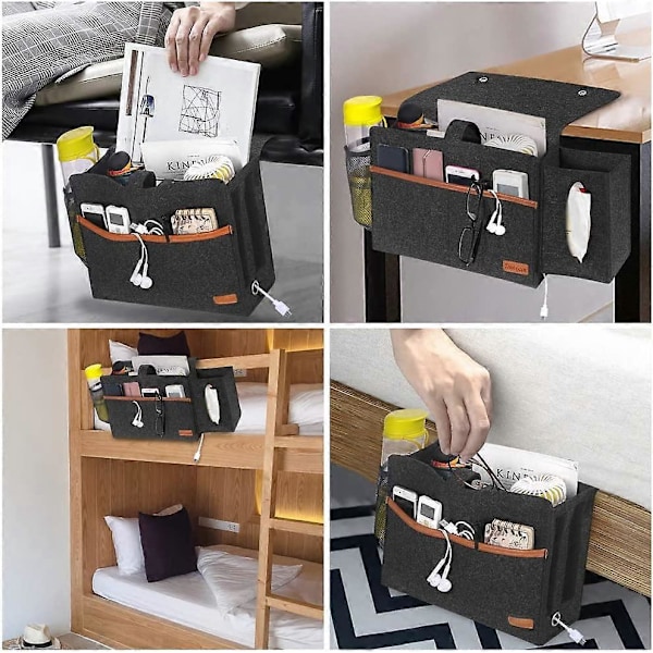 Sengeorganisatorveske i filt med vevboks og flaskeholder, sklisikker oppbevaringsveske for sofa for bok, magasiner, iPad, mobiltelefon, fjernkontroll