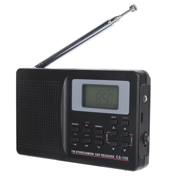 CS‑106 fullbåndsradio mini FM/AM/SW/MW-mottaker med digital klokkehodetelefon