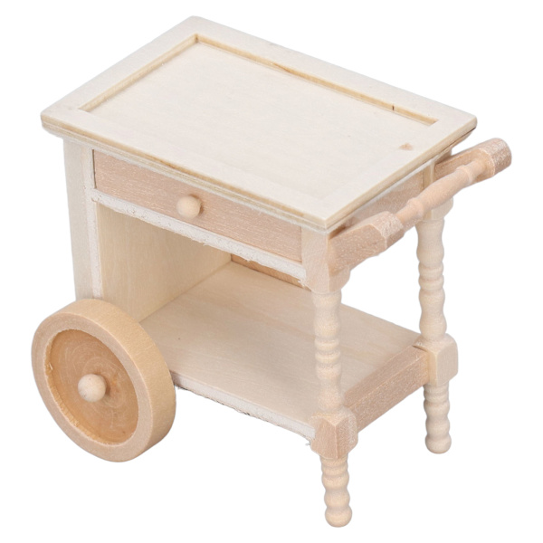 Mini spisevogn i træ, naturtro, umalet, retro-ornament, miniature madserveringsvogn til 1/12 dukkehus