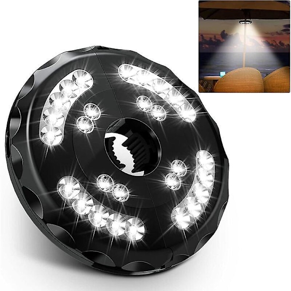 Ladattava aurinkovarjon valo, 28 LED aurinkovarjon valo 2 kirkkaustilalla, säädettävä elastinen kiinnike puutarhavarjoon, retkeilytelttaan, ulkoterassille (Valk